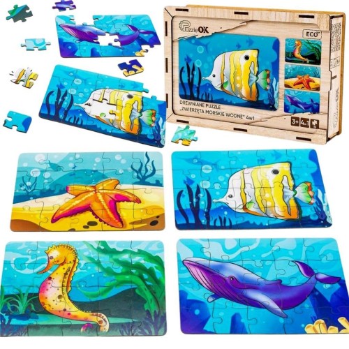Puzzle drewniane 4w1 zwierzęta morskie, PuzzleOK