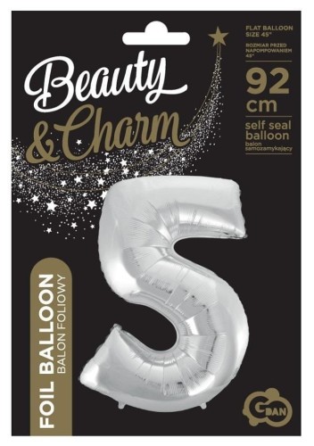 Balon foliowy cyfra 5 Beauty&Charm srebrna 92cm