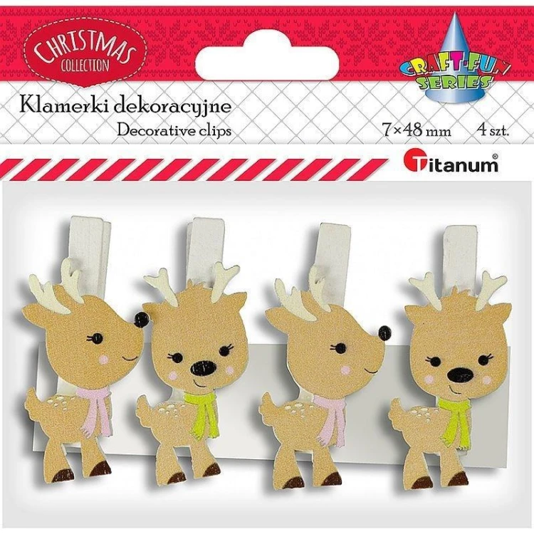 Klamerki drewniane z dekorem renifer 4szt, Titanum