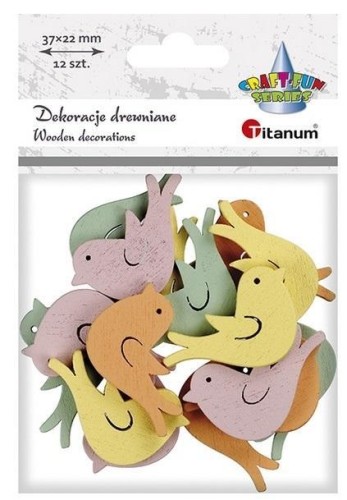 Drewniane ptaszki 37x22mm pastelowe 12szt, Titanum