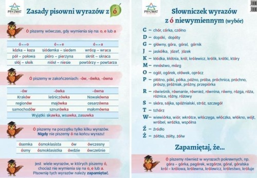 Plansza ortograficzna Zasady pisowni wyrazów z Ó