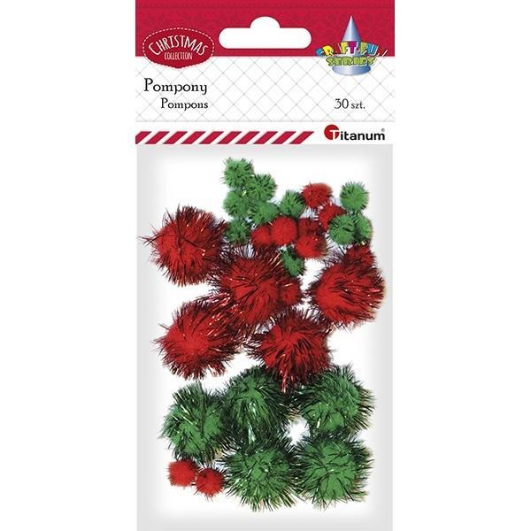 Pompony brokatowe czerwone, zielone 30szt, Titanum