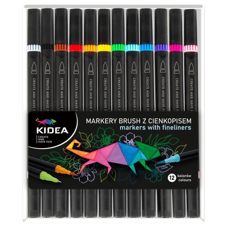 Markery Brush z cienkopisem 12 kolorów KIDEA