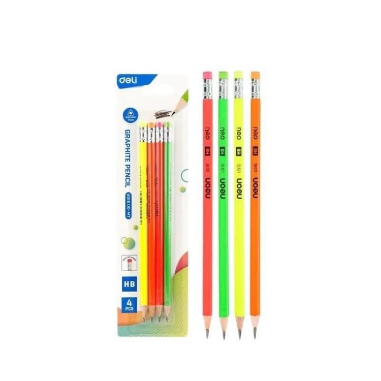 Ołówek neonowy HB z gumką 4szt DELI, DELI