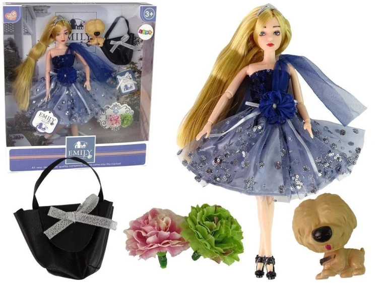 Lalka Emily z pieskiem torebką kwiatami, Leantoys