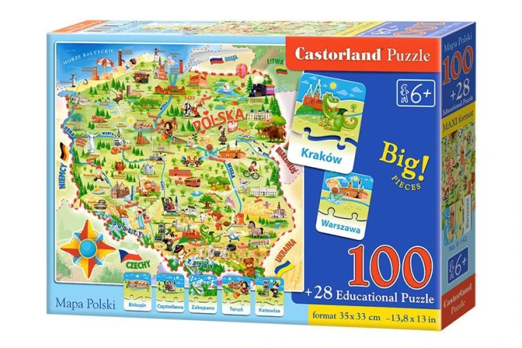 Puzzle 100+28 Mapa Polski CASTOR, Castorland