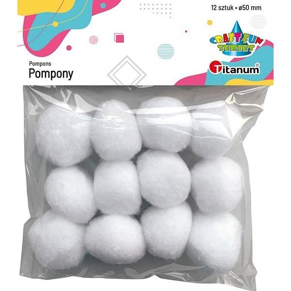 Pompony poliestrowe 12szt białe, Titanum