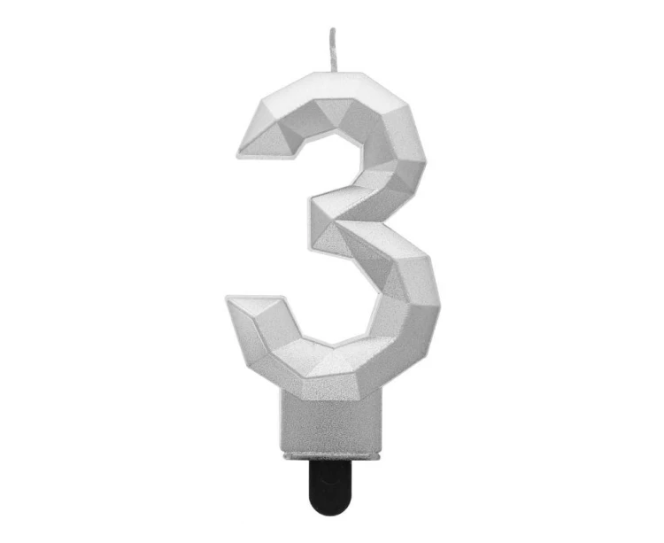 Świeczka cyferka 3 - Diament metalik srebrny 7,6cm