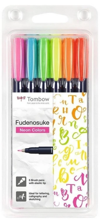 Flamastry brush pen Fudenosuke 6 kolorów, Tombow