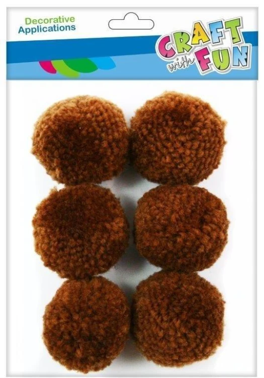 Pompony wełniane 4cm brązowe 6szt, Craft with Fun