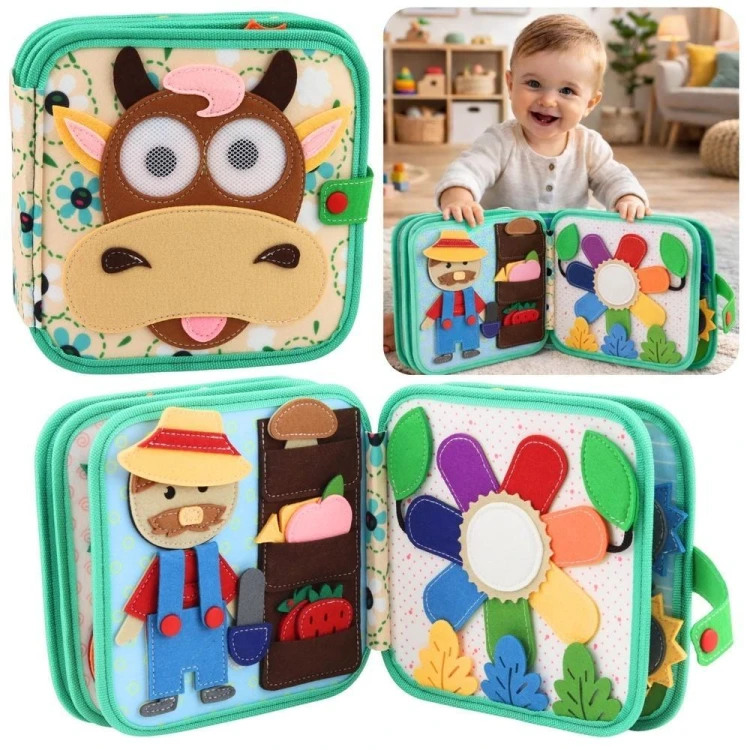Książeczka edukacyjna sensoryczna krowa, Leantoys