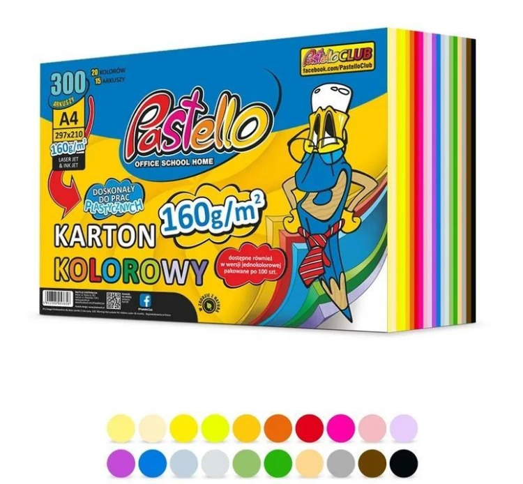 Karton kolorowy A4 160g 20 kolorów 300 arkuszy