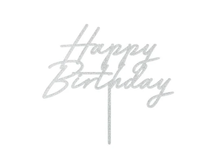 Topper na tort Happy Birthday srebrny 18x16,5cm
