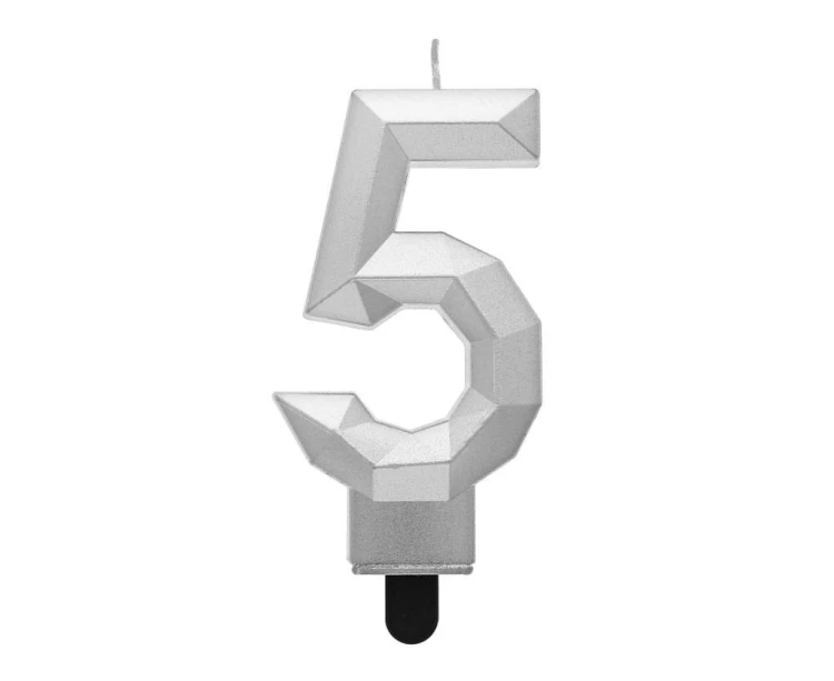 Świeczka cyferka 5 - Diament metalik srebrny 7,6cm