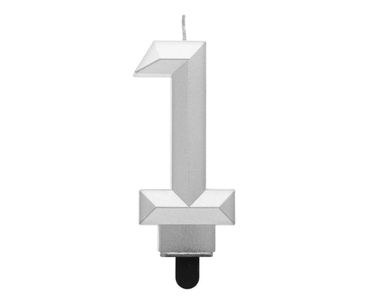 Świeczka cyferka 1 - Diament metalik srebrny 7,6cm
