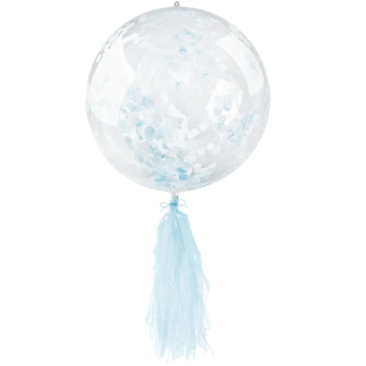 Balon PVC z konfetti i frędzlami niebieski