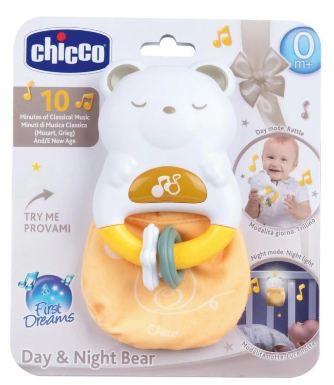 Grzechotka 2w1 Miś świecąca lampka nocna, Chicco