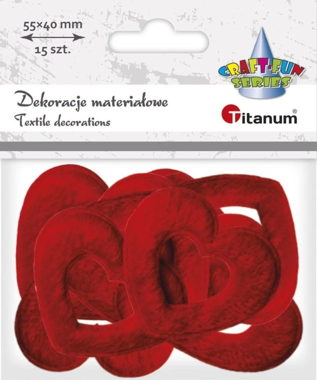 Dekoracje materiałowe serca czerwone 55x40mm 15szt