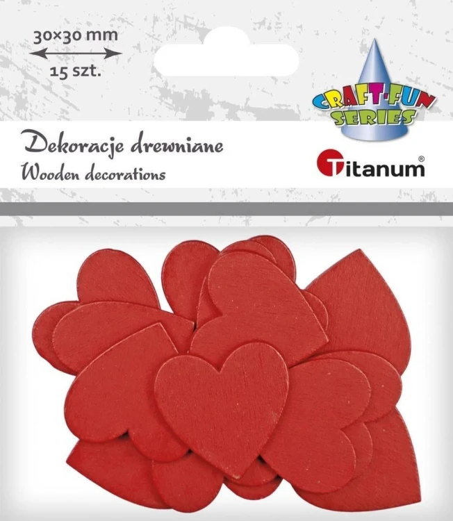 Drewniane serca 30x30mm czerwone 15szt, Titanum