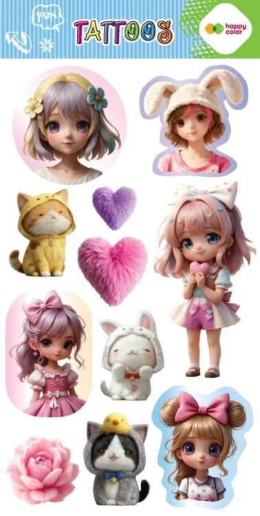 Tatuaże zmywalne Kawaii Girls HAPPY COLOR, GDD