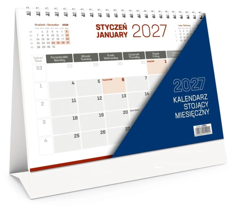 Kalendarz 2027 stojący miesięczny
