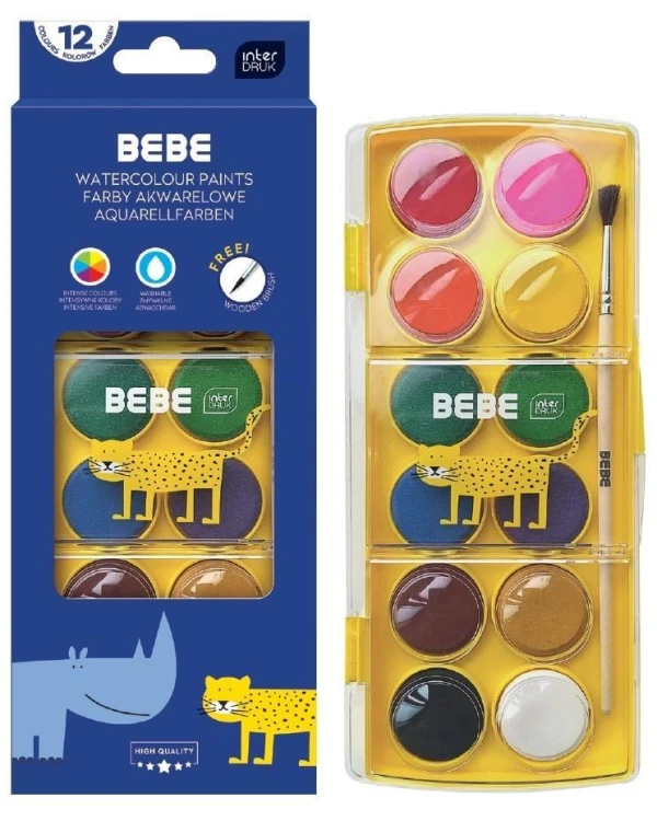 Farby akwarelowe 12 kolorów Bebe Kids, INTERDRUK
