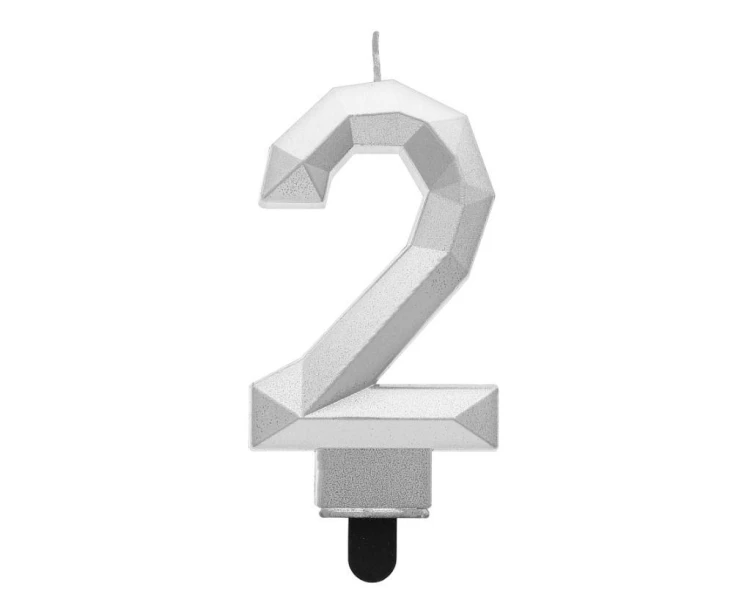 Świeczka cyferka 2 - Diament metalik srebrny 7,6cm