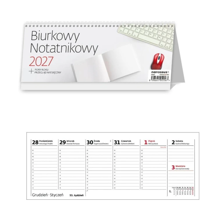 Kalendarz 2027 biurkowy tygodniowy notatnikowy
